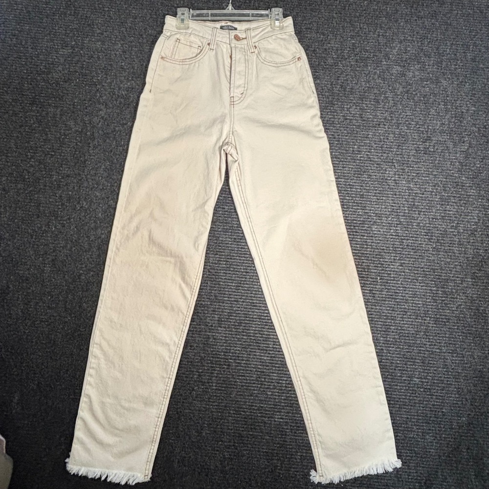 Wild Fable Cream High-Rise Straight Leg Jeans Button Fly Fringe Hem Size‎ 00